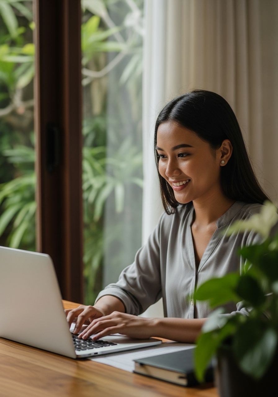 Indonesian bookkeeper working at a villa office in Bali