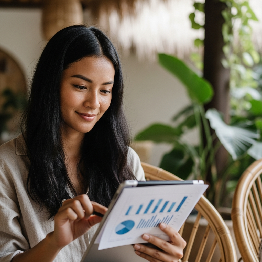Indonesian woman reviewing financial reports on a tablet