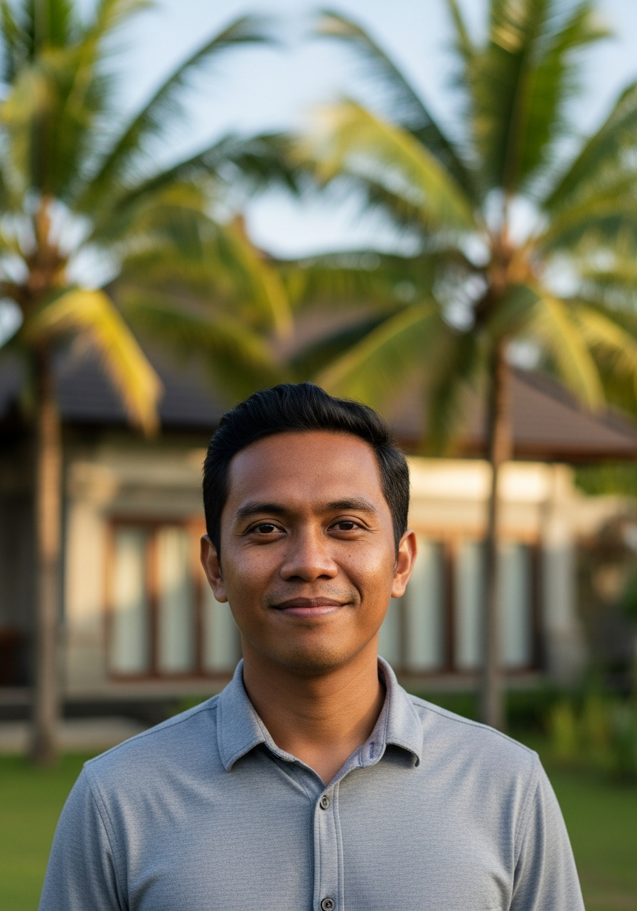 Indonesian villa manager outside a Bali villa