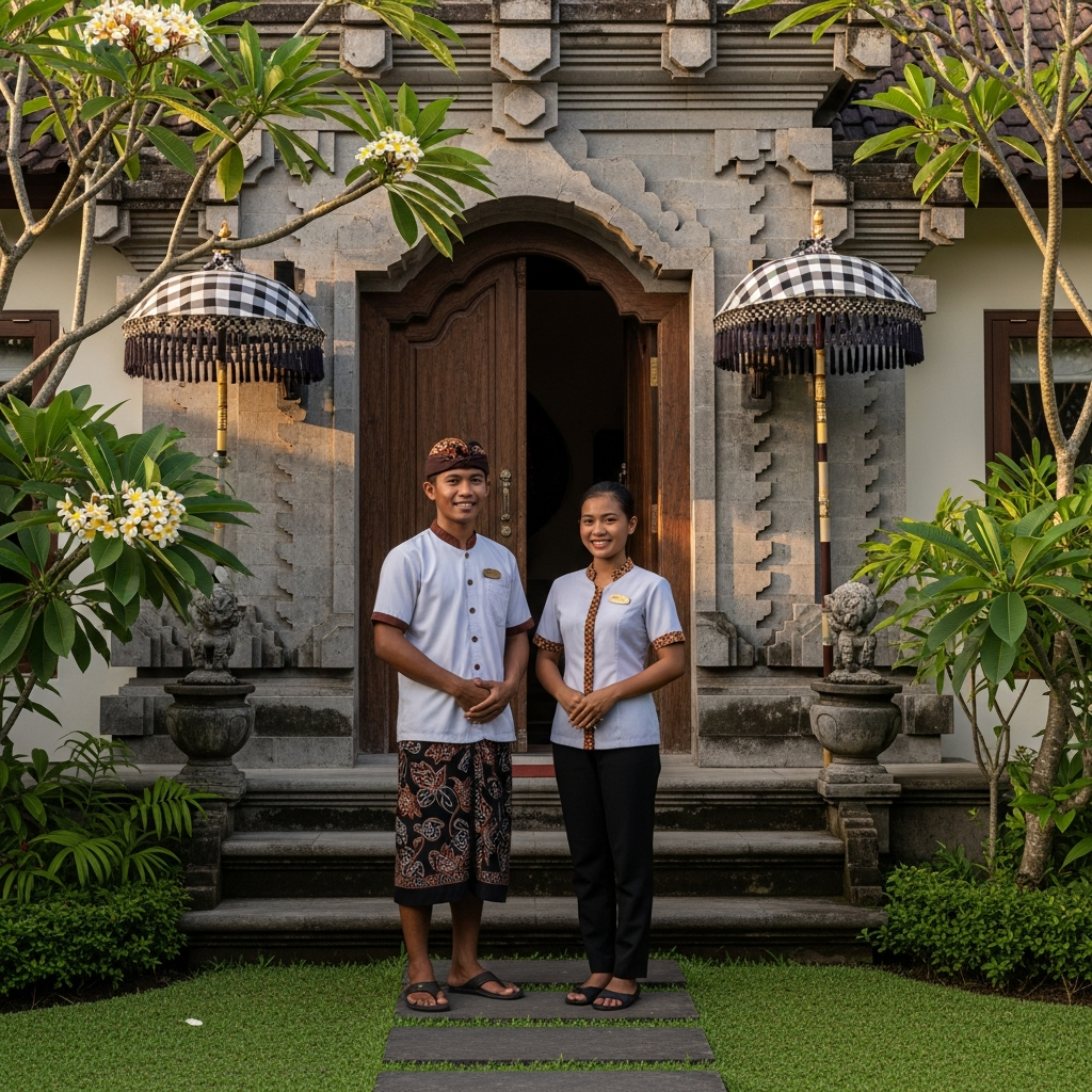 Balinese villa hospitality team welcoming guests